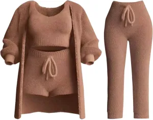 Women's Fuzzy Outfits 4 Piece Sherpa Cardigan Crop Tank Tops Shorts and Wide Legs Pants Lounge Sets