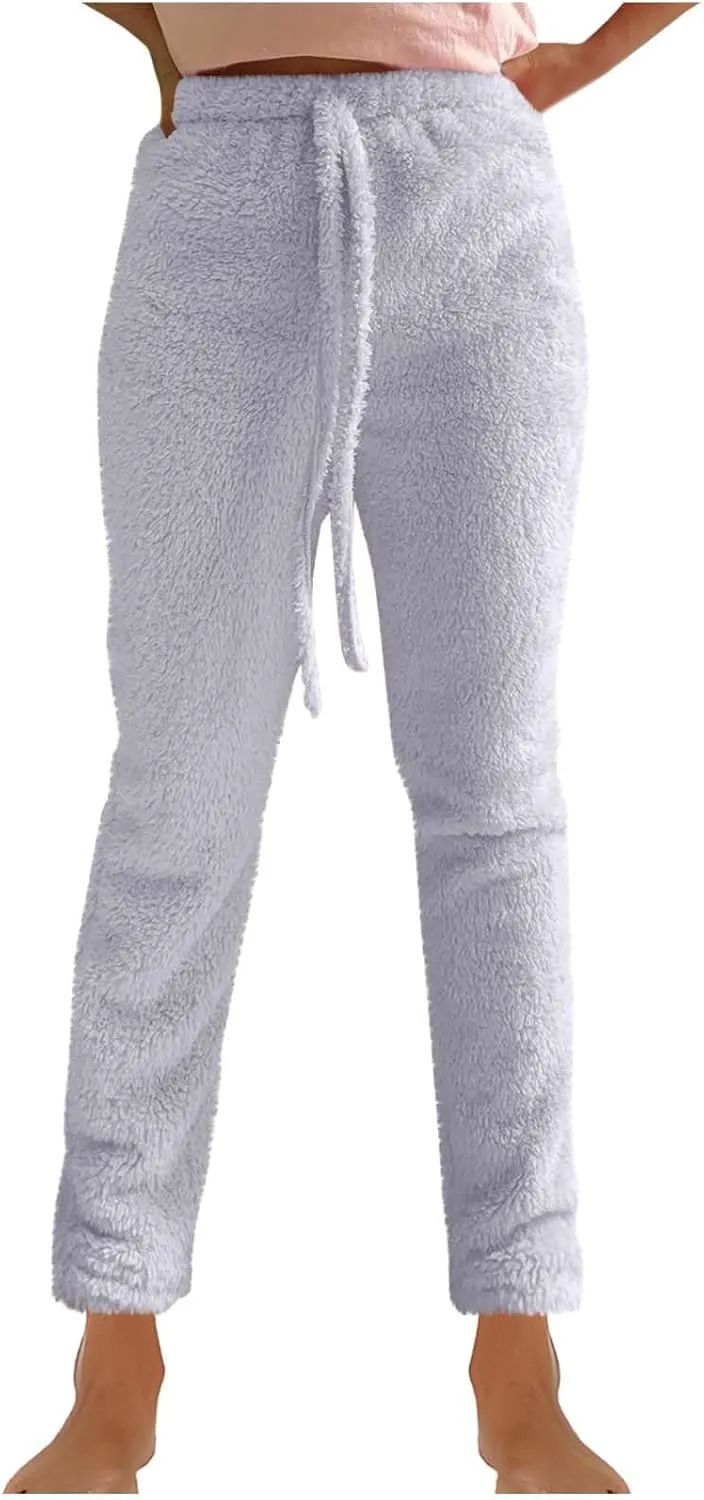 Women's Fuzzy Outfits 4 Piece Sherpa Cardigan Crop Tank Tops Shorts and Wide Legs Pants Lounge Sets