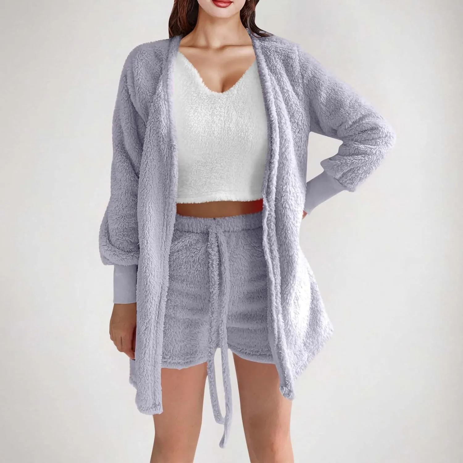 Women's Fuzzy Outfits 4 Piece Sherpa Cardigan Crop Tank Tops Shorts and Wide Legs Pants Lounge Sets