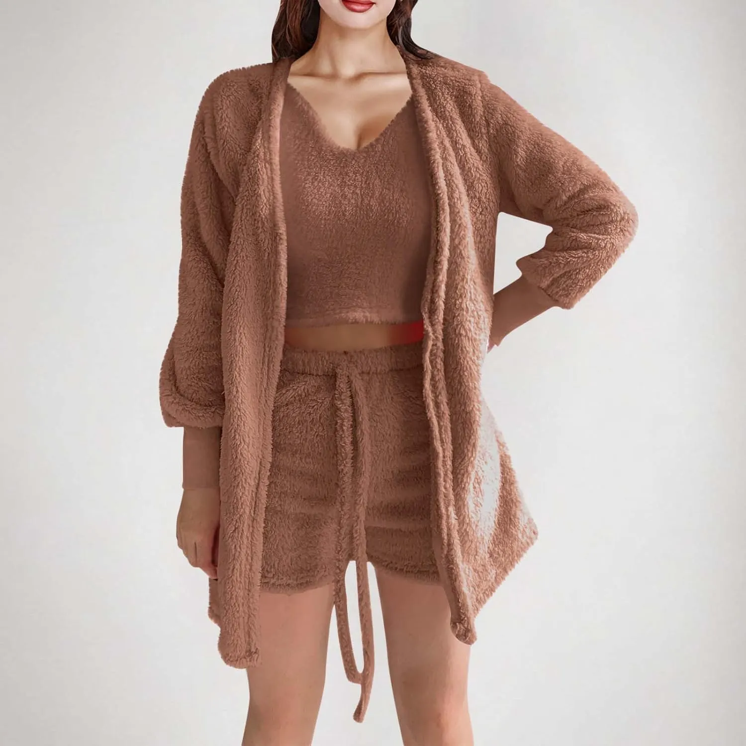 Women's Fuzzy Outfits 4 Piece Sherpa Cardigan Crop Tank Tops Shorts and Wide Legs Pants Lounge Sets