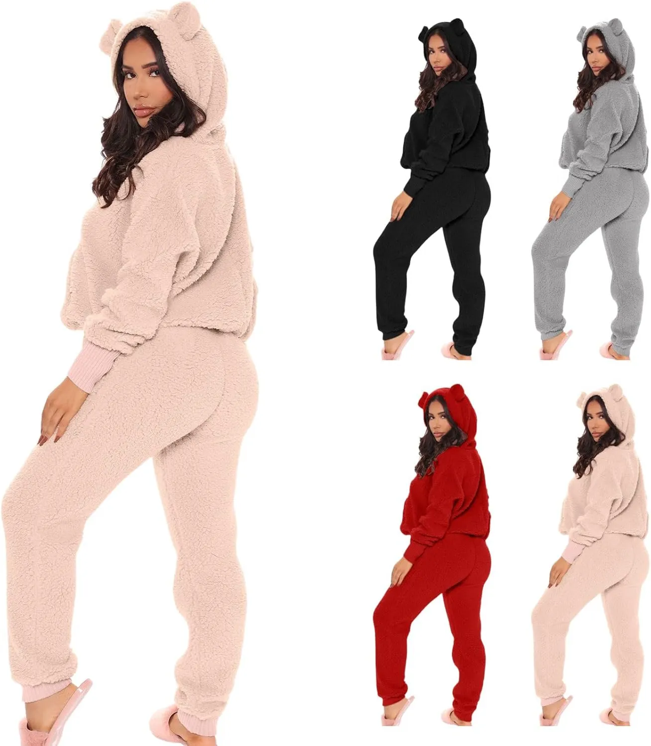 Womens Fuzzy Two Piece Lounge Outfits Long Sleeve Fleece Hoodie Sweater Pullover with Pants Bear Shape Pajama Sets