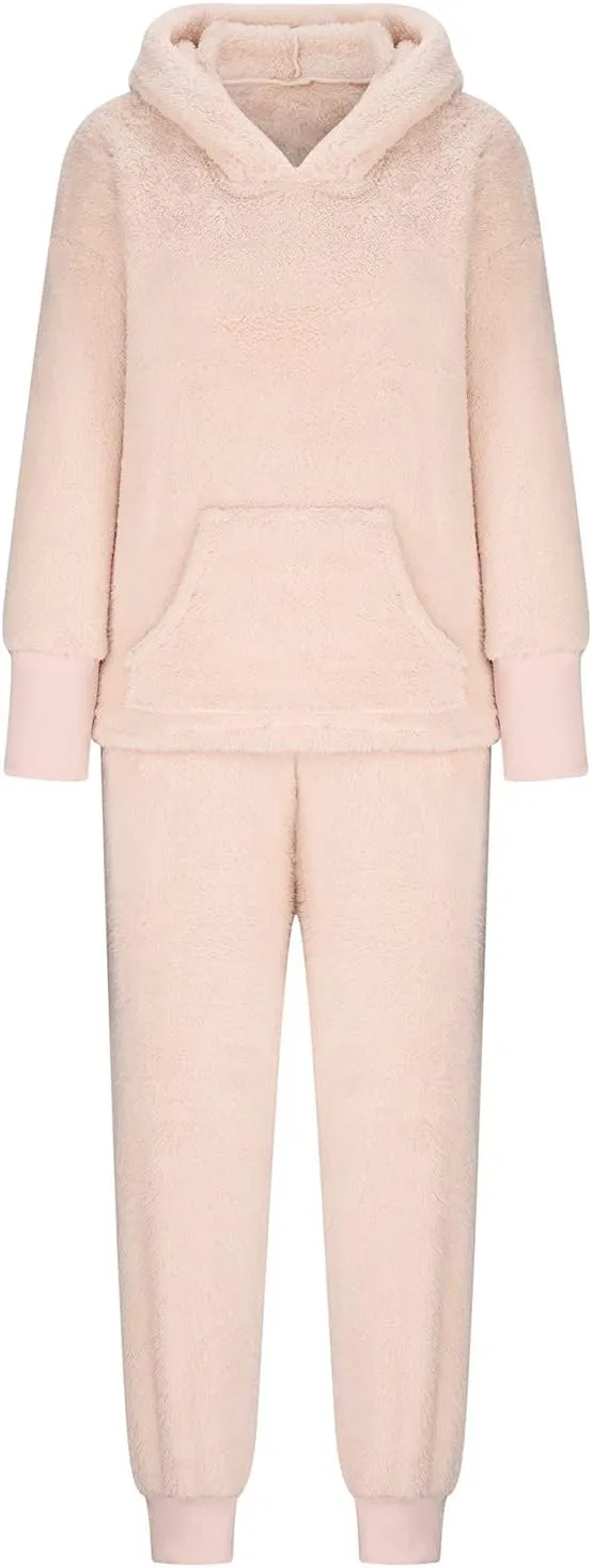 Womens Fuzzy Two Piece Lounge Outfits Long Sleeve Fleece Hoodie Sweater Pullover with Pants Bear Shape Pajama Sets