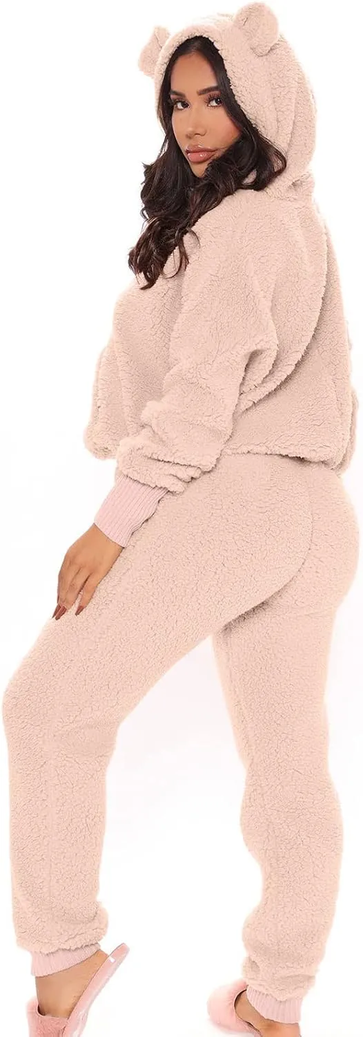 Womens Fuzzy Two Piece Lounge Outfits Long Sleeve Fleece Hoodie Sweater Pullover with Pants Bear Shape Pajama Sets