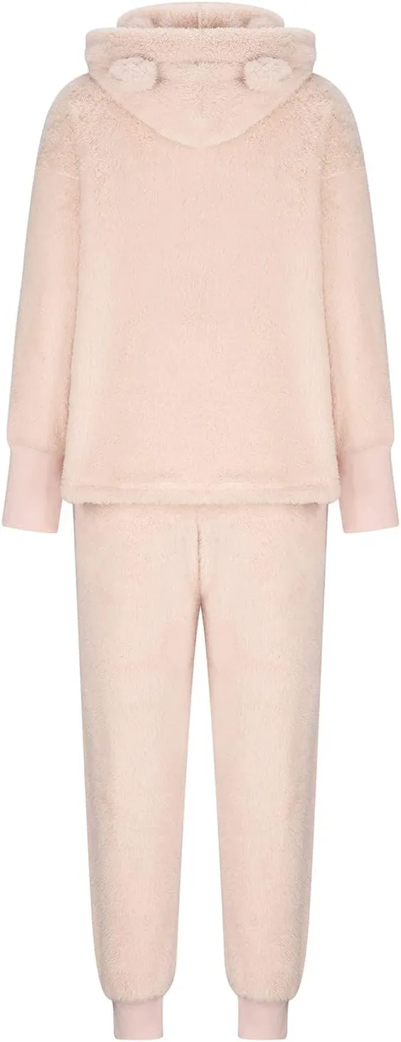 Womens Fuzzy Two Piece Lounge Outfits Long Sleeve Fleece Hoodie Sweater Pullover with Pants Bear Shape Pajama Sets