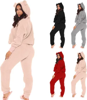 Womens Fuzzy Two Piece Lounge Outfits Long Sleeve Fleece Hoodie Sweater Pullover with Pants Bear Shape Pajama Sets