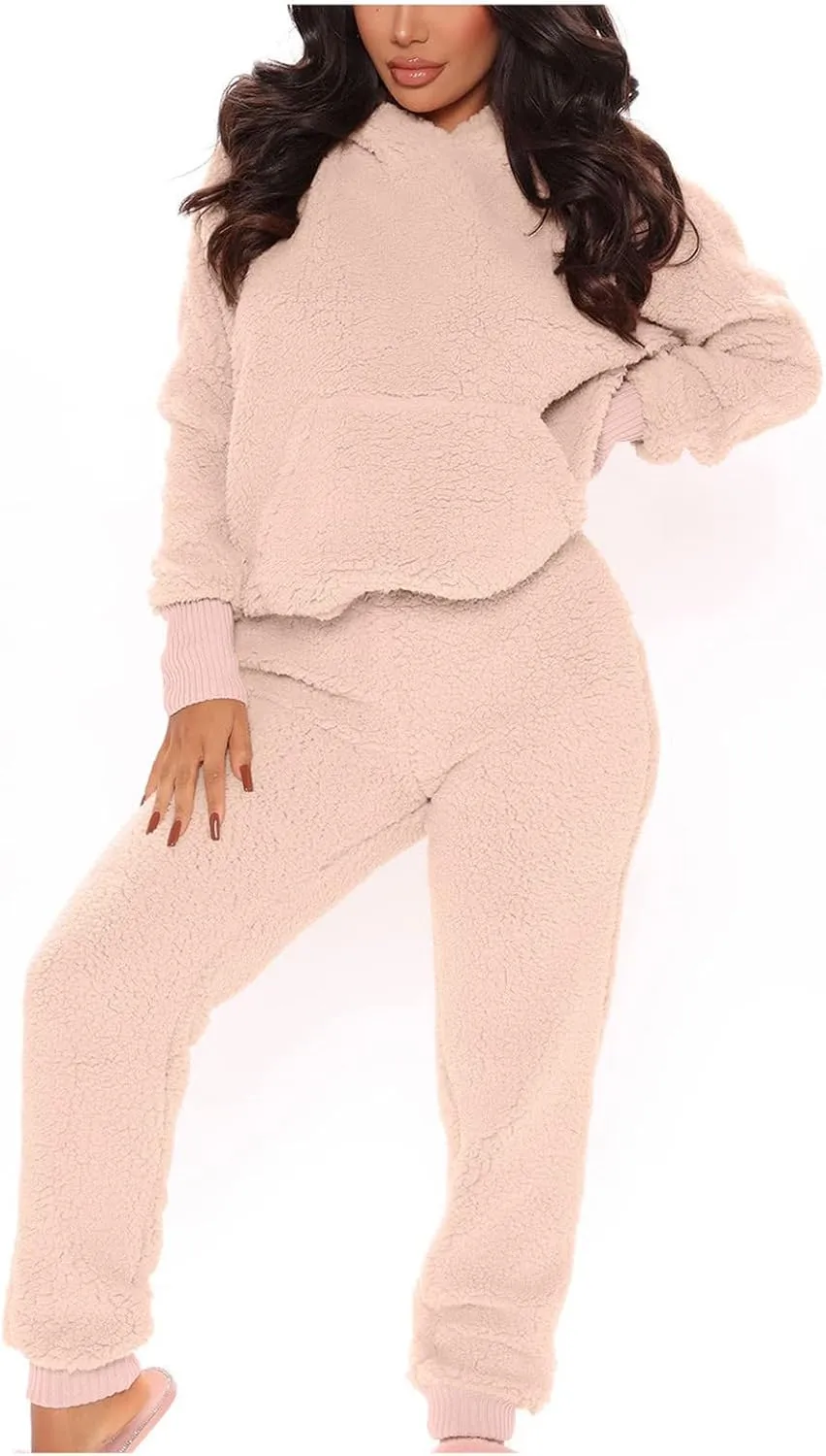 Womens Fuzzy Two Piece Lounge Outfits Long Sleeve Fleece Hoodie Sweater Pullover with Pants Bear Shape Pajama Sets
