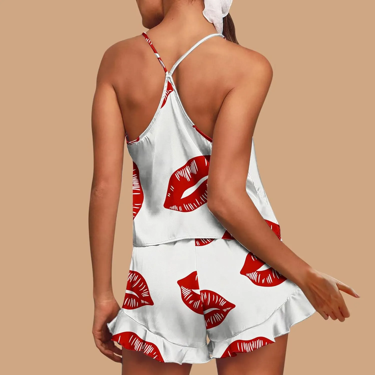 Womens Heart Print 2 Piece Pajamas Sets Suspender V-Neck Thin Top Tank Matching High Waist Ruffle Loose Shorts Suit
