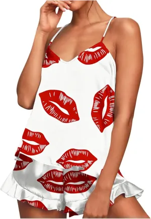 Womens Heart Print 2 Piece Pajamas Sets Suspender V-Neck Thin Top Tank Matching High Waist Ruffle Loose Shorts Suit