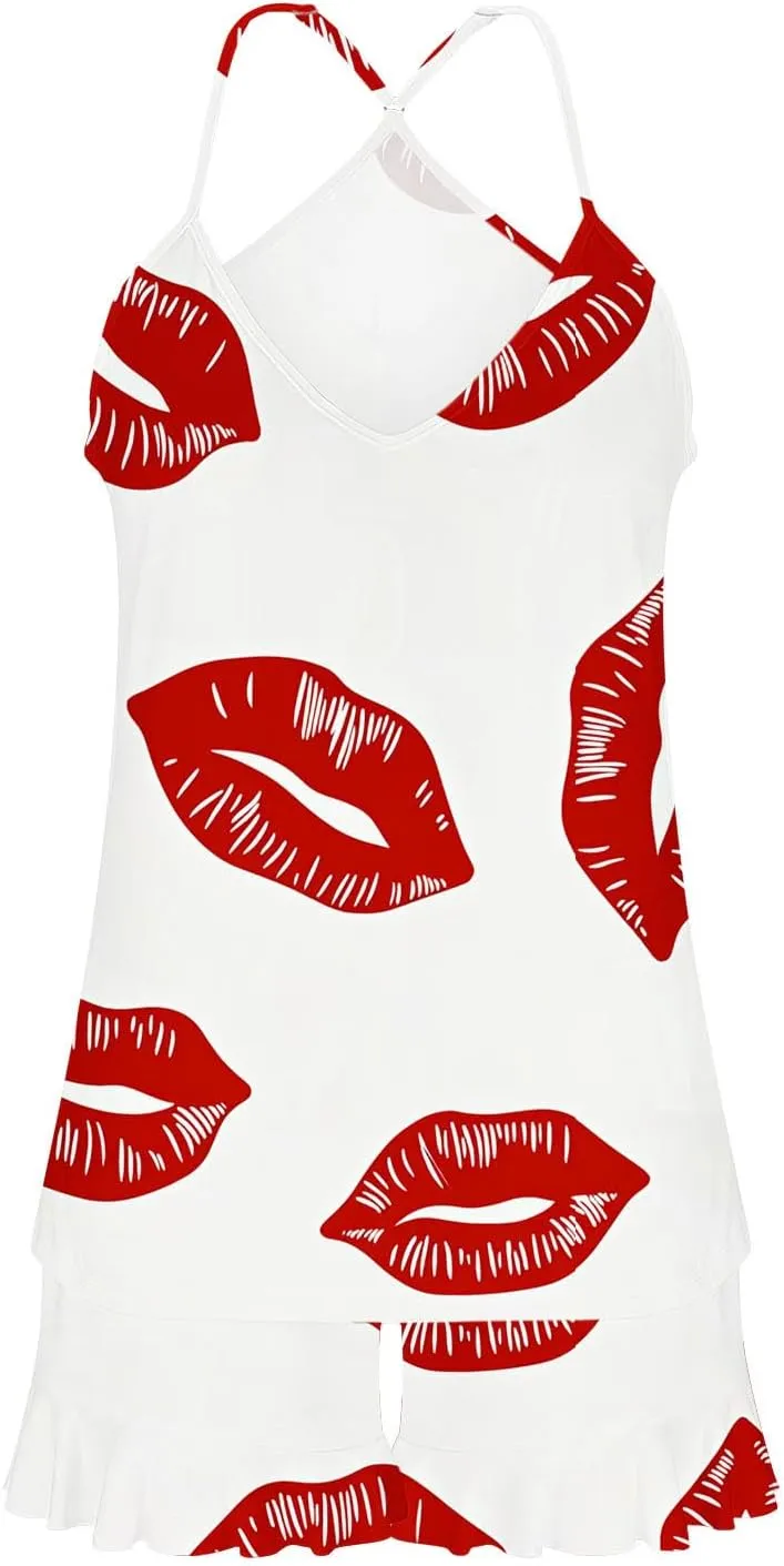 Womens Heart Print 2 Piece Pajamas Sets Suspender V-Neck Thin Top Tank Matching High Waist Ruffle Loose Shorts Suit