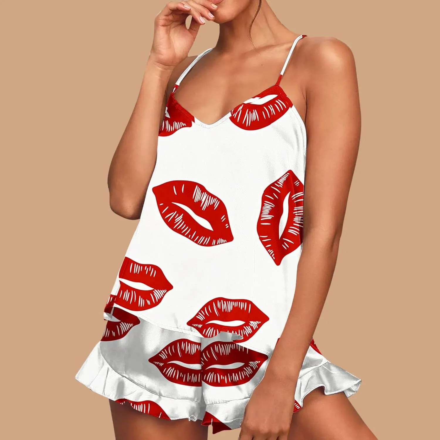 Womens Heart Print 2 Piece Pajamas Sets Suspender V-Neck Thin Top Tank Matching High Waist Ruffle Loose Shorts Suit