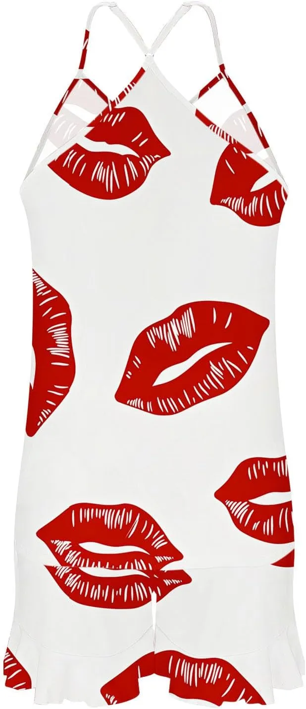 Womens Heart Print 2 Piece Pajamas Sets Suspender V-Neck Thin Top Tank Matching High Waist Ruffle Loose Shorts Suit