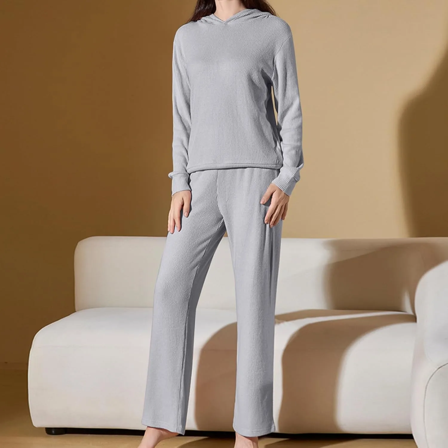 Womens Joggers Pajama Sets Soft Hooded Ribbed Knit Lounge Outfits Comfy Hoodie And High Waist Pants 2 Piece Sleepwear