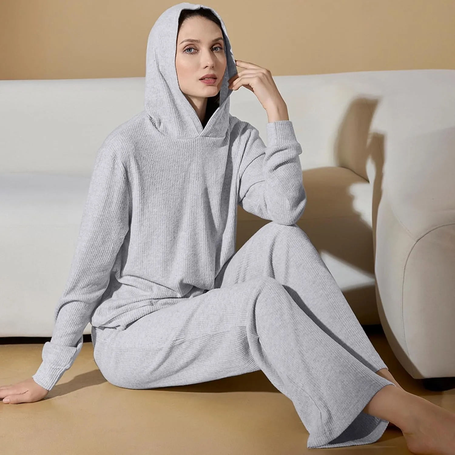 Womens Joggers Pajama Sets Soft Hooded Ribbed Knit Lounge Outfits Comfy Hoodie And High Waist Pants 2 Piece Sleepwear