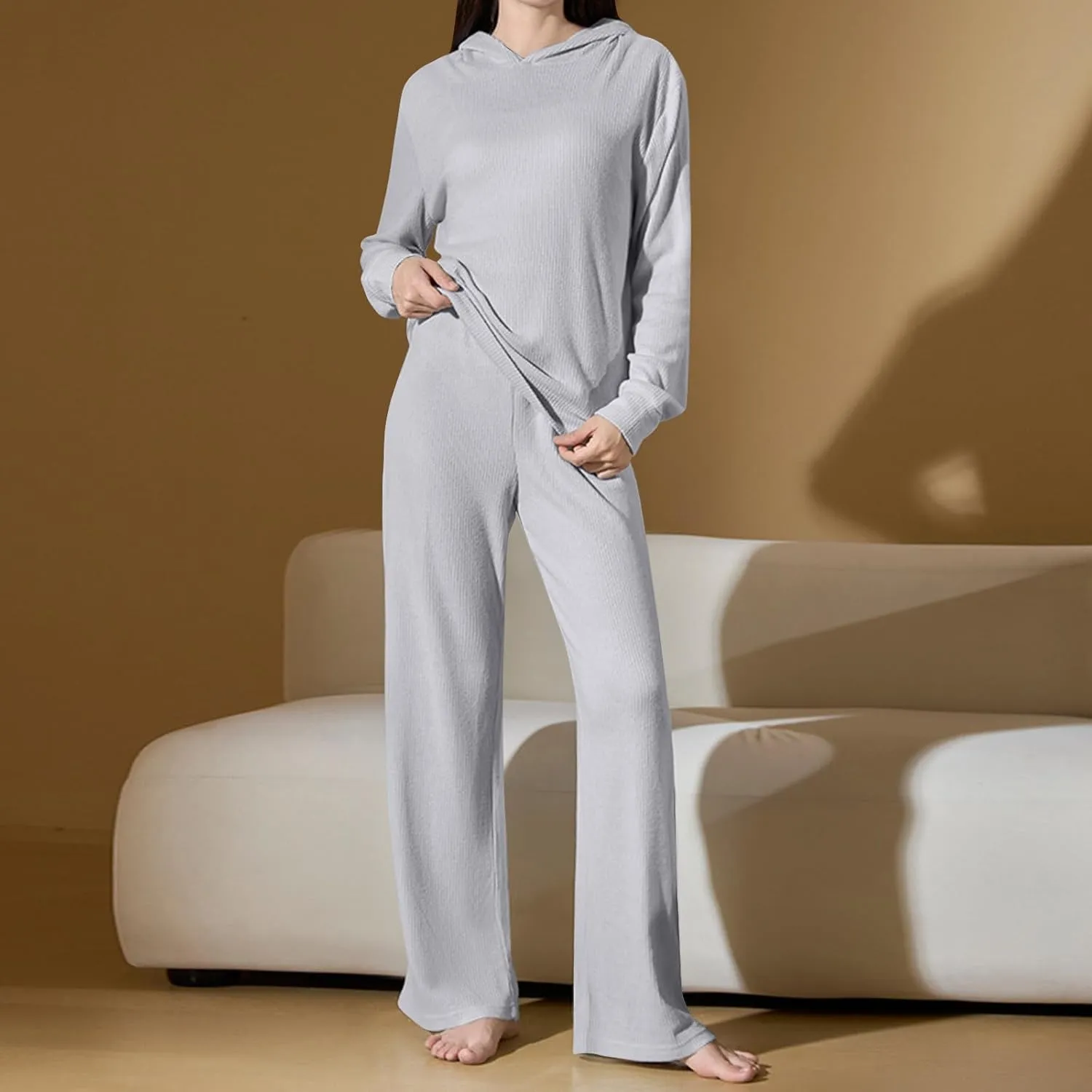 Womens Joggers Pajama Sets Soft Hooded Ribbed Knit Lounge Outfits Comfy Hoodie And High Waist Pants 2 Piece Sleepwear