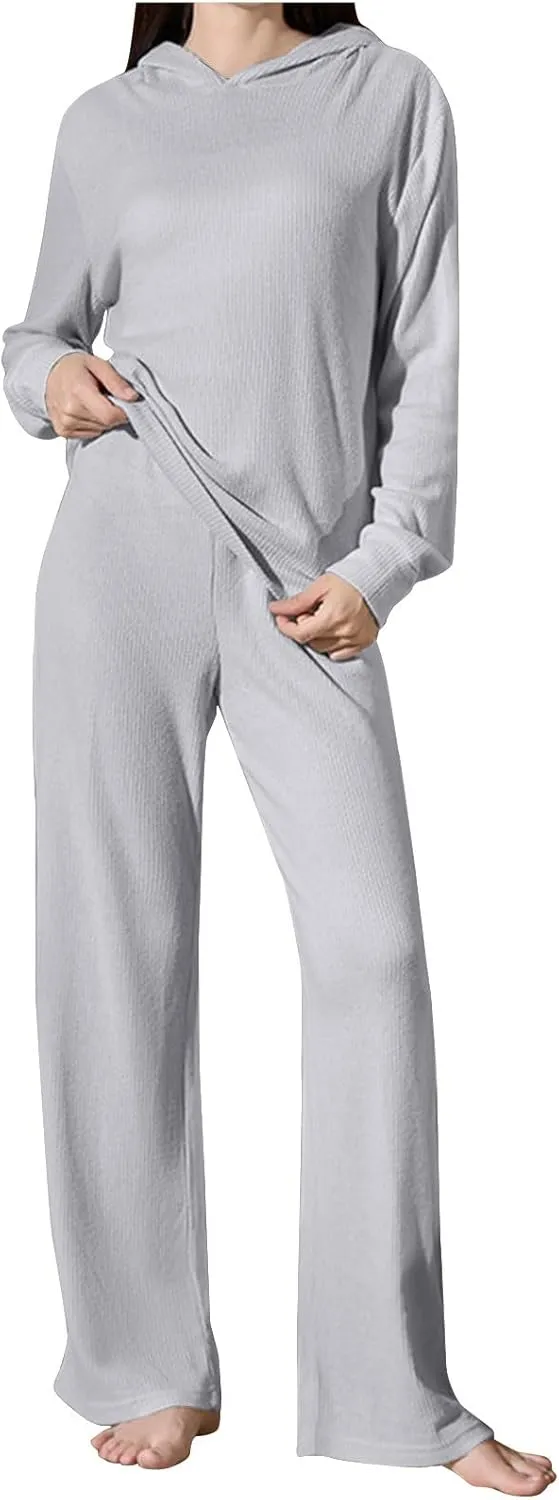 Womens Joggers Pajama Sets Soft Hooded Ribbed Knit Lounge Outfits Comfy Hoodie And High Waist Pants 2 Piece Sleepwear