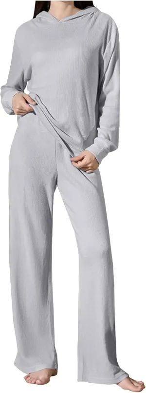 Womens Joggers Pajama Sets Soft Hooded Ribbed Knit Lounge Outfits Comfy Hoodie And High Waist Pants 2 Piece Sleepwear