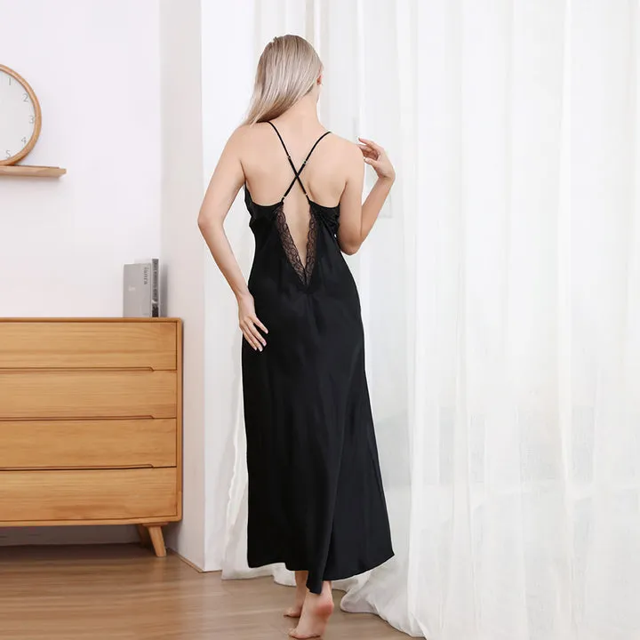 Womens Lace V Neck Silk Nightgown 22 Momme Pure Silk Long Night Dress Sleepwear