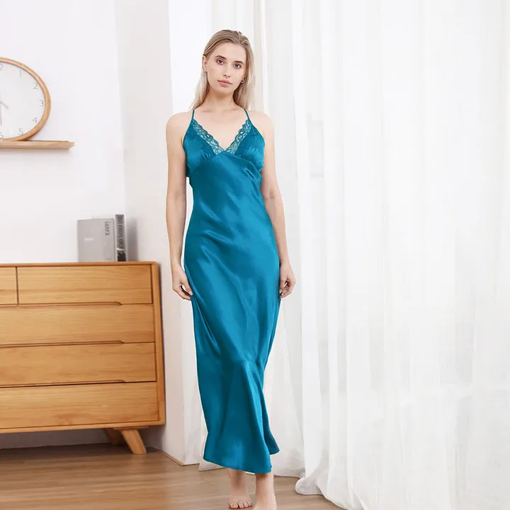 Womens Lace V Neck Silk Nightgown 22 Momme Pure Silk Long Night Dress Sleepwear