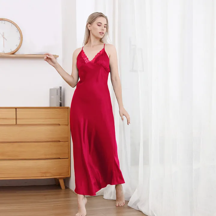 Womens Lace V Neck Silk Nightgown 22 Momme Pure Silk Long Night Dress Sleepwear