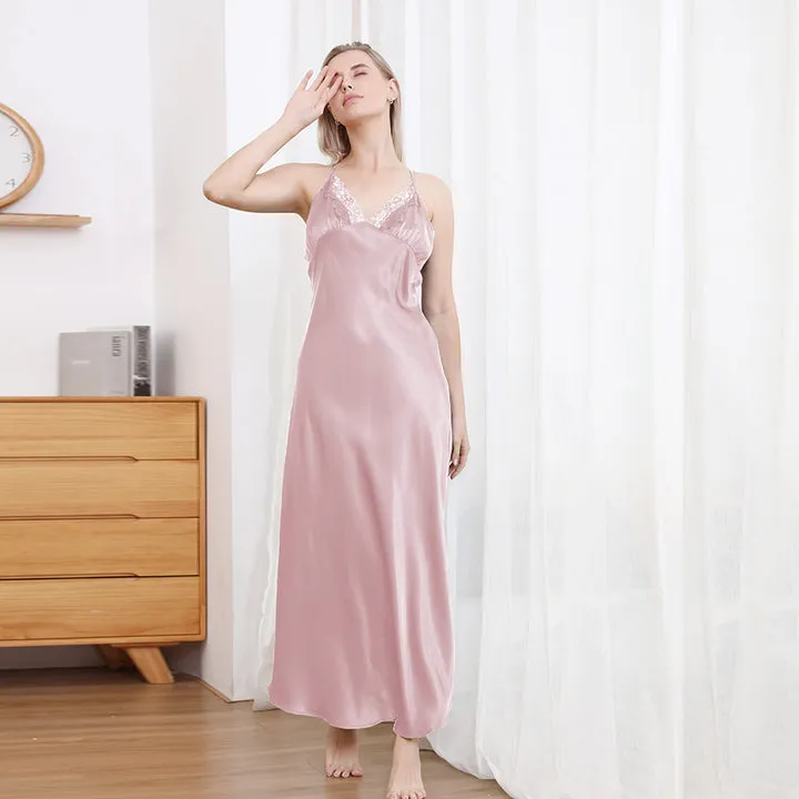 Womens Lace V Neck Silk Nightgown 22 Momme Pure Silk Long Night Dress Sleepwear