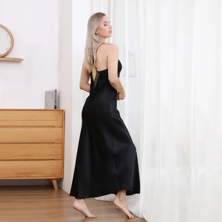 Womens Lace V Neck Silk Nightgown 22 Momme Pure Silk Long Night Dress Sleepwear