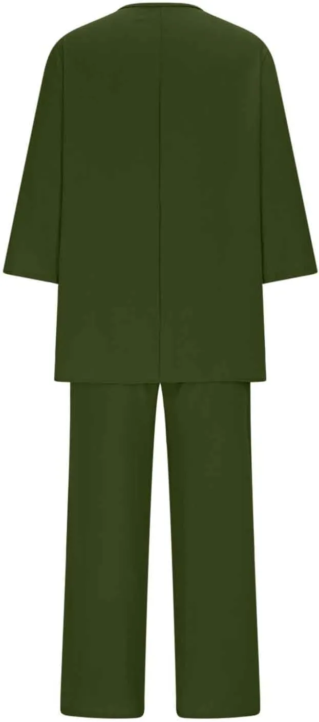 Women's Linen 2 Piece Outfits 3/4 Sleeve Crew Neck Tops Wide Leg Pants Lounge Sets Plus Size Tracksuits Travel Outfits