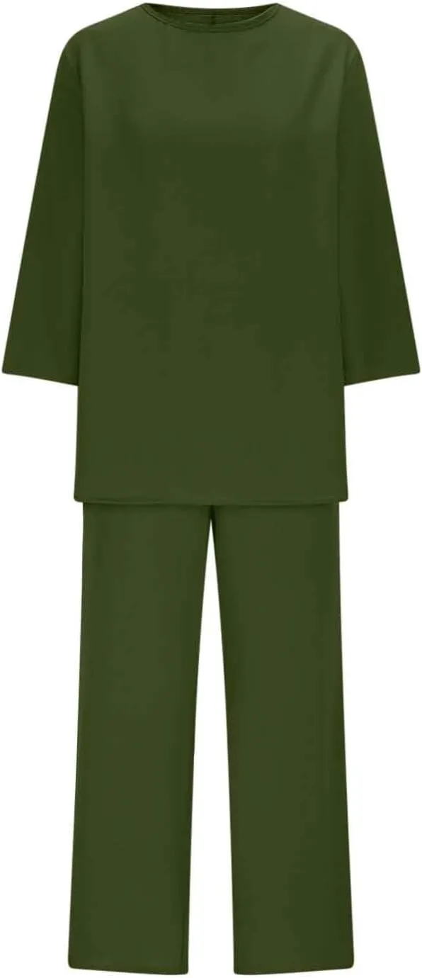 Women's Linen 2 Piece Outfits 3/4 Sleeve Crew Neck Tops Wide Leg Pants Lounge Sets Plus Size Tracksuits Travel Outfits