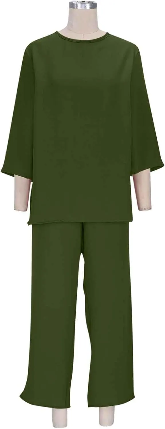 Women's Linen 2 Piece Outfits 3/4 Sleeve Crew Neck Tops Wide Leg Pants Lounge Sets Plus Size Tracksuits Travel Outfits