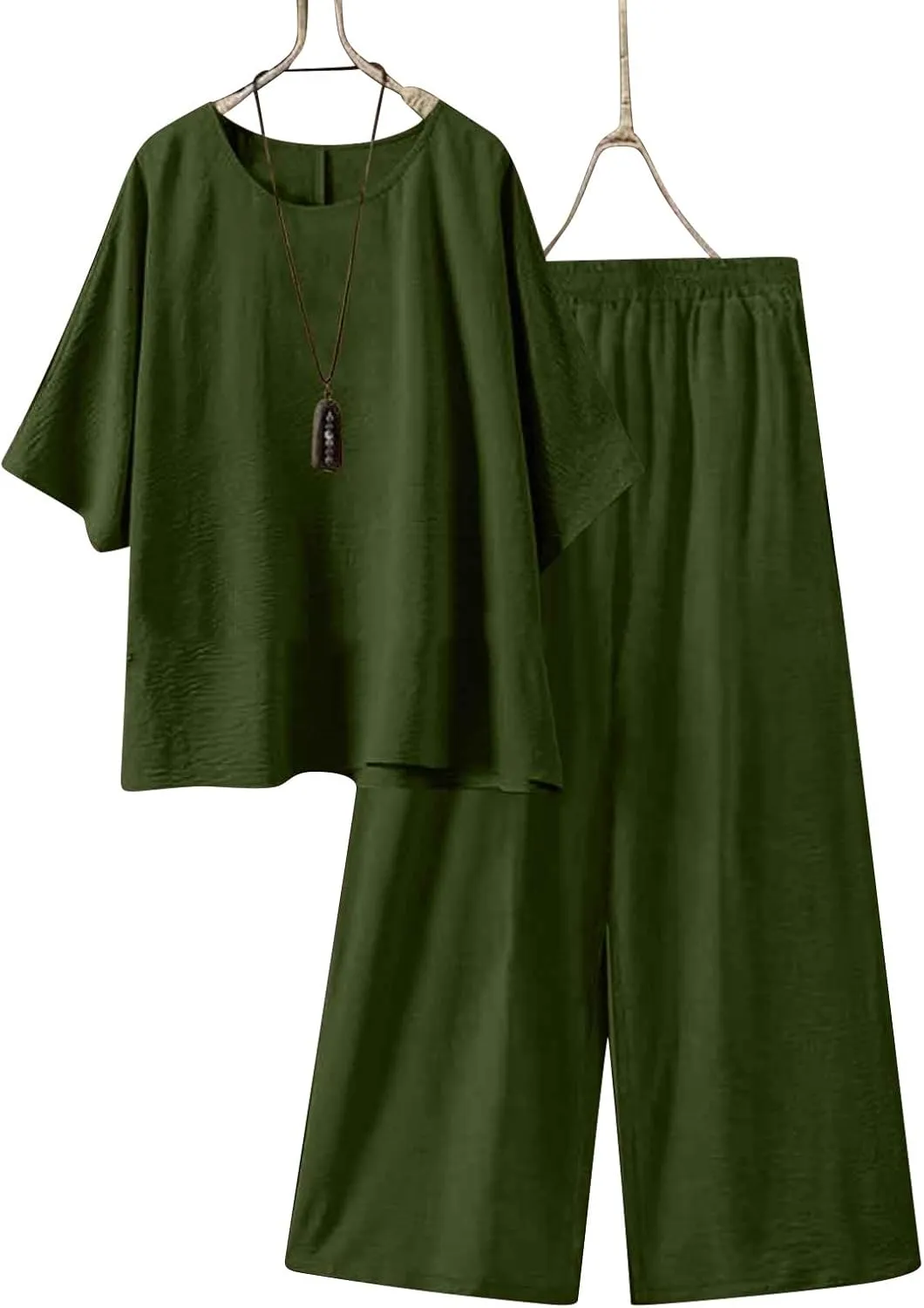 Women's Linen 2 Piece Outfits 3/4 Sleeve Crew Neck Tops Wide Leg Pants Lounge Sets Plus Size Tracksuits Travel Outfits