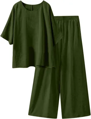 Women's Linen 2 Piece Outfits 3/4 Sleeve Crew Neck Tops Wide Leg Pants Lounge Sets Plus Size Tracksuits Travel Outfits