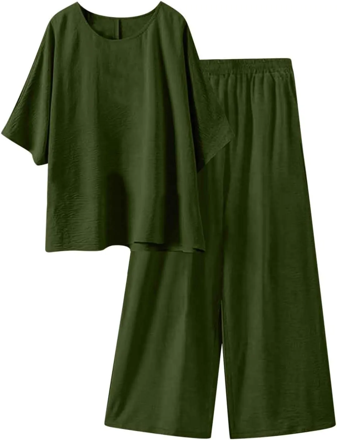 Women's Linen 2 Piece Outfits 3/4 Sleeve Crew Neck Tops Wide Leg Pants Lounge Sets Plus Size Tracksuits Travel Outfits