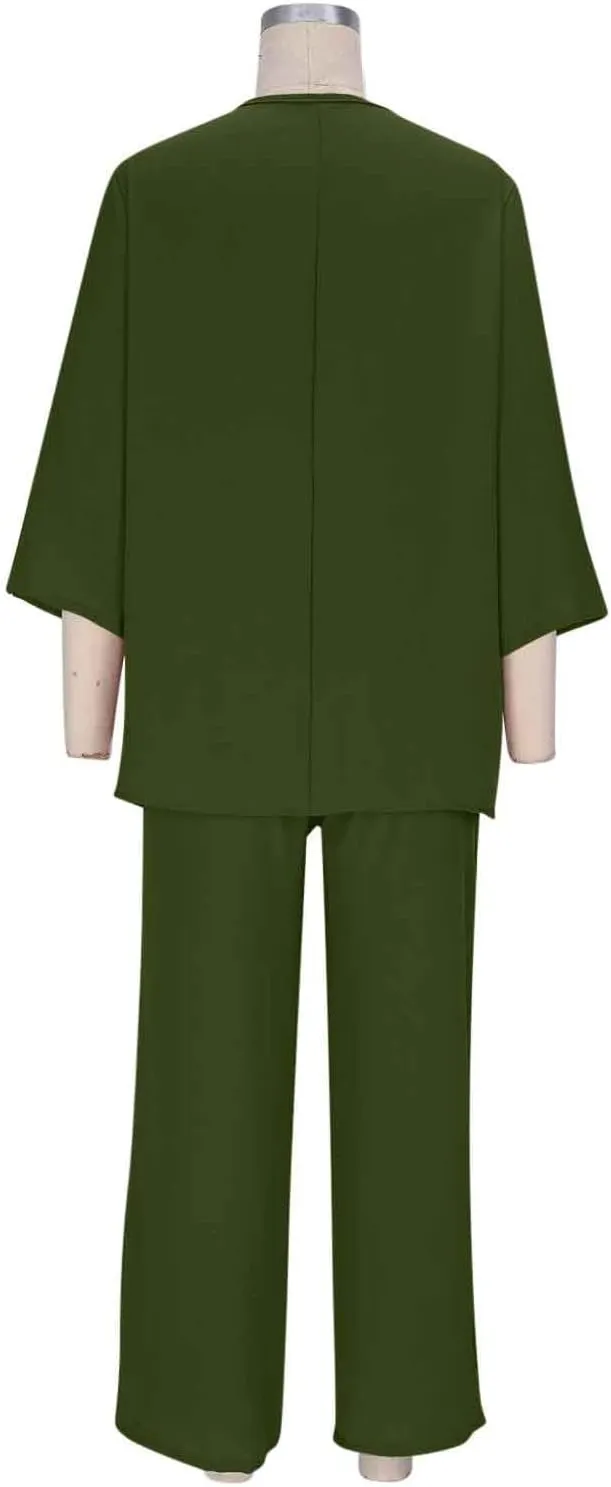 Women's Linen 2 Piece Outfits 3/4 Sleeve Crew Neck Tops Wide Leg Pants Lounge Sets Plus Size Tracksuits Travel Outfits
