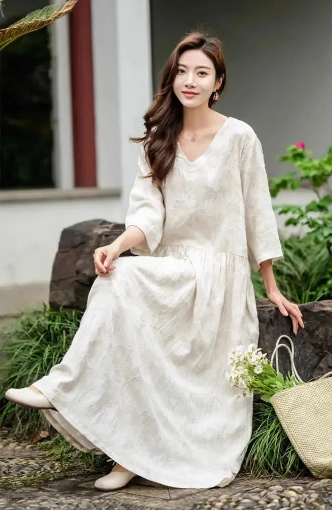 Women's Linen Dresses Vintage Linen Jacquard Robe - Retro Style