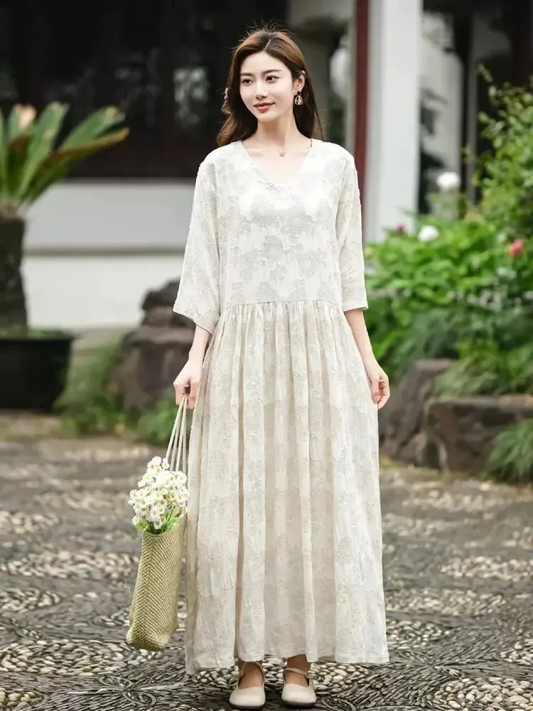 Women's Linen Dresses Vintage Linen Jacquard Robe - Retro Style