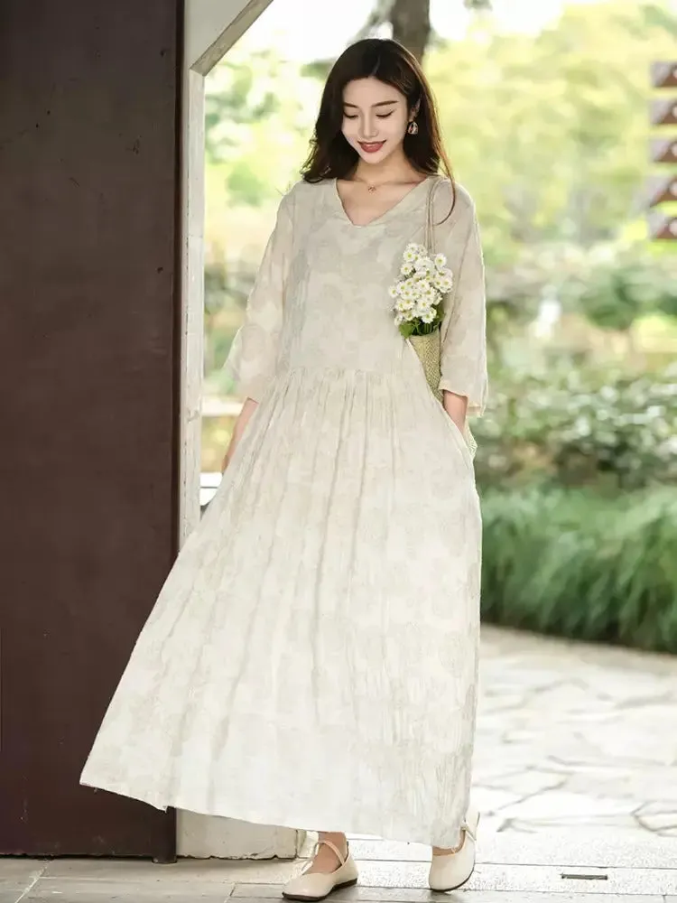 Women's Linen Dresses Vintage Linen Jacquard Robe - Retro Style