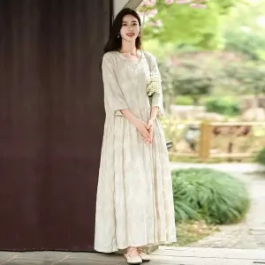 Women's Linen Dresses Vintage Linen Jacquard Robe - Retro Style