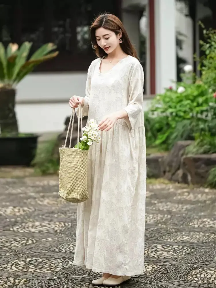 Women's Linen Dresses Vintage Linen Jacquard Robe - Retro Style