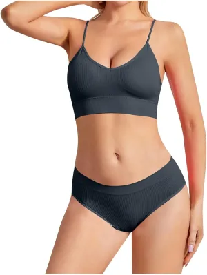Womens Lingerie 2 Piece No Steel Ring Suspender Bra Seamless Bottom Sexy Back Triangle Bralette Set