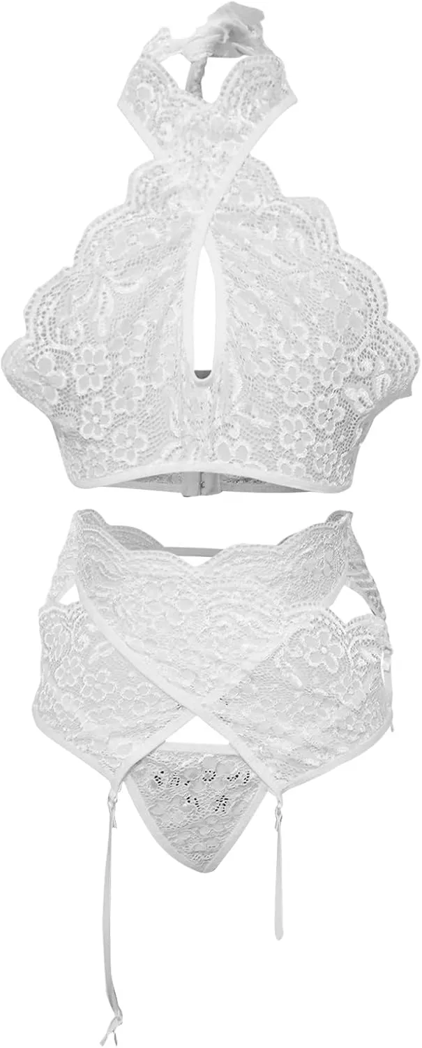 Womens Lingerie Set with Garter Belt Sexy Bra and Panty Set Lace Bodysuit Teddy Babydoll Exotic Lingerie Set 3 Piece
