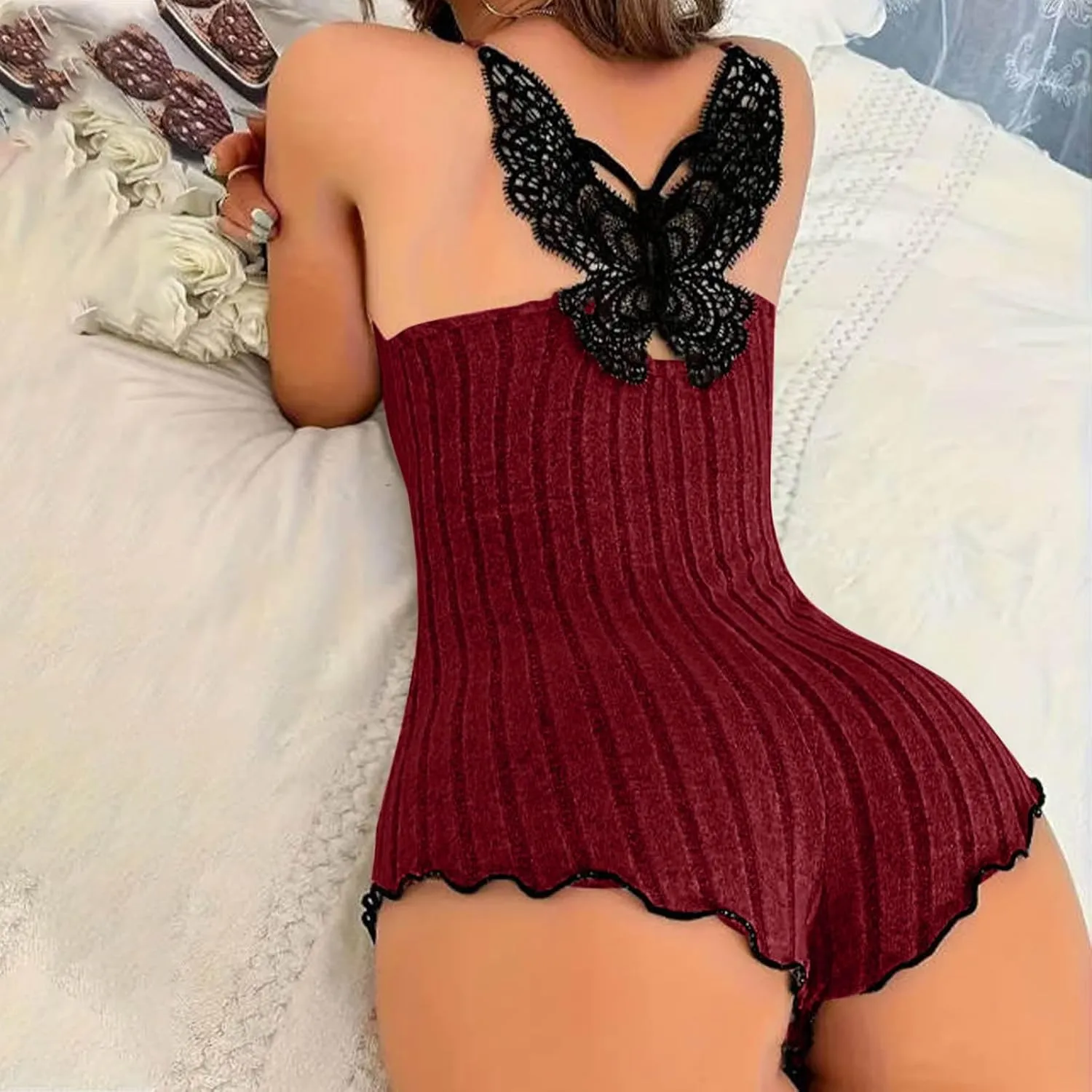 Womens Lingerie Sexy Lace Trim One Piece Pajamas Spaghetti Straps Sleeveless Short Romper Rib Knit Bodycon Sleepwear