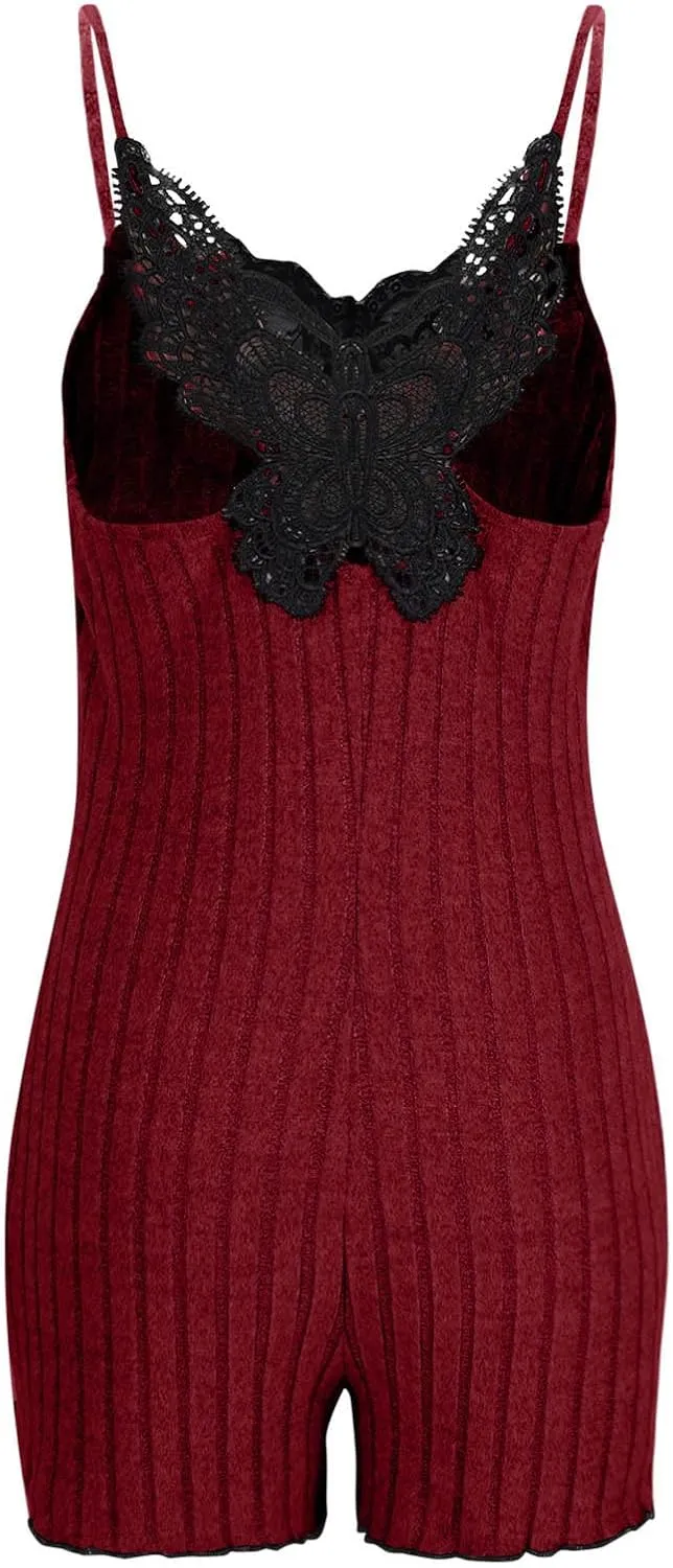 Womens Lingerie Sexy Lace Trim One Piece Pajamas Spaghetti Straps Sleeveless Short Romper Rib Knit Bodycon Sleepwear
