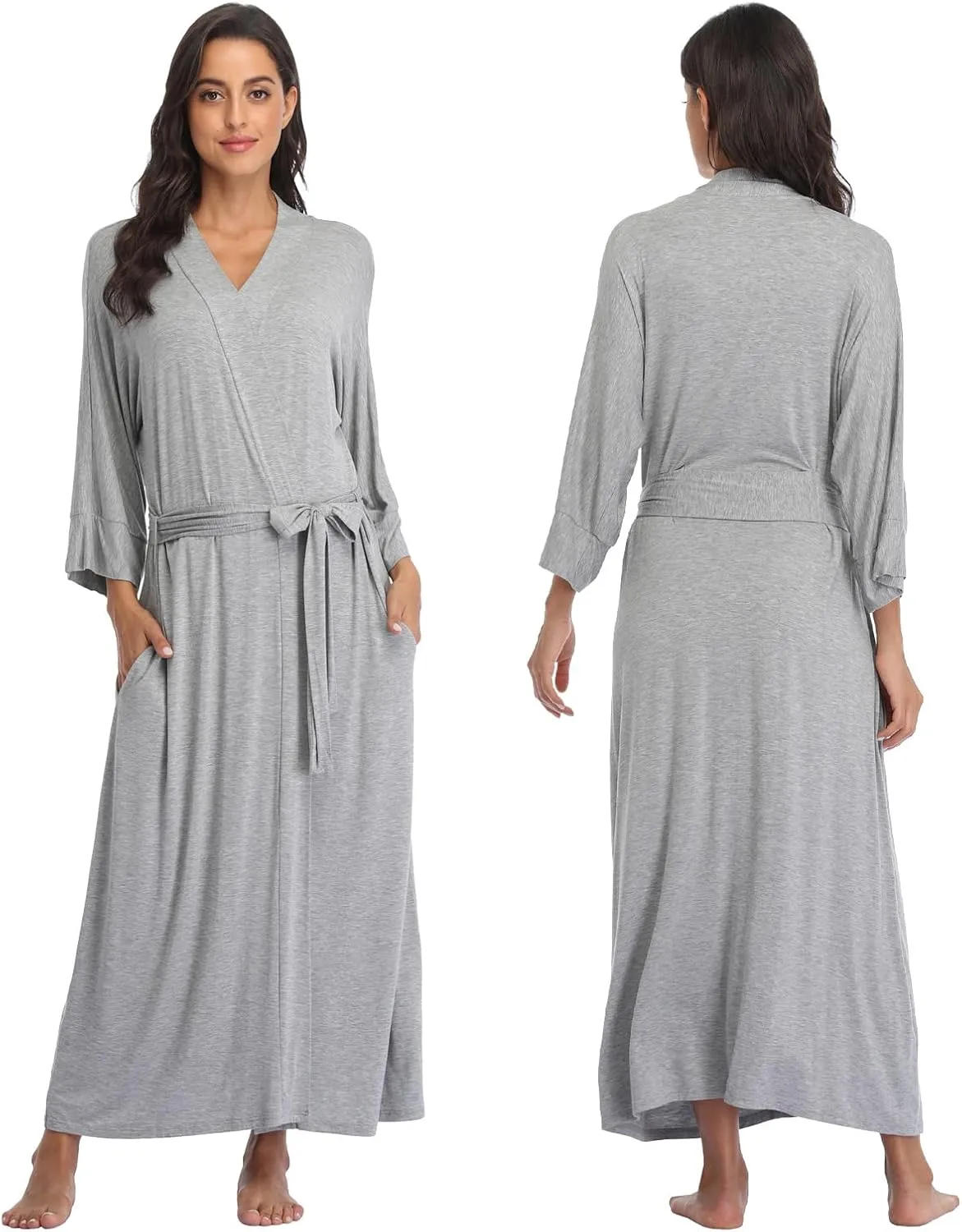 Women's Long Robes Soft Kimono Bathrobe Lightweight Sleepwear Maternity Dressing Gown Knit Wrap House Loungewear
