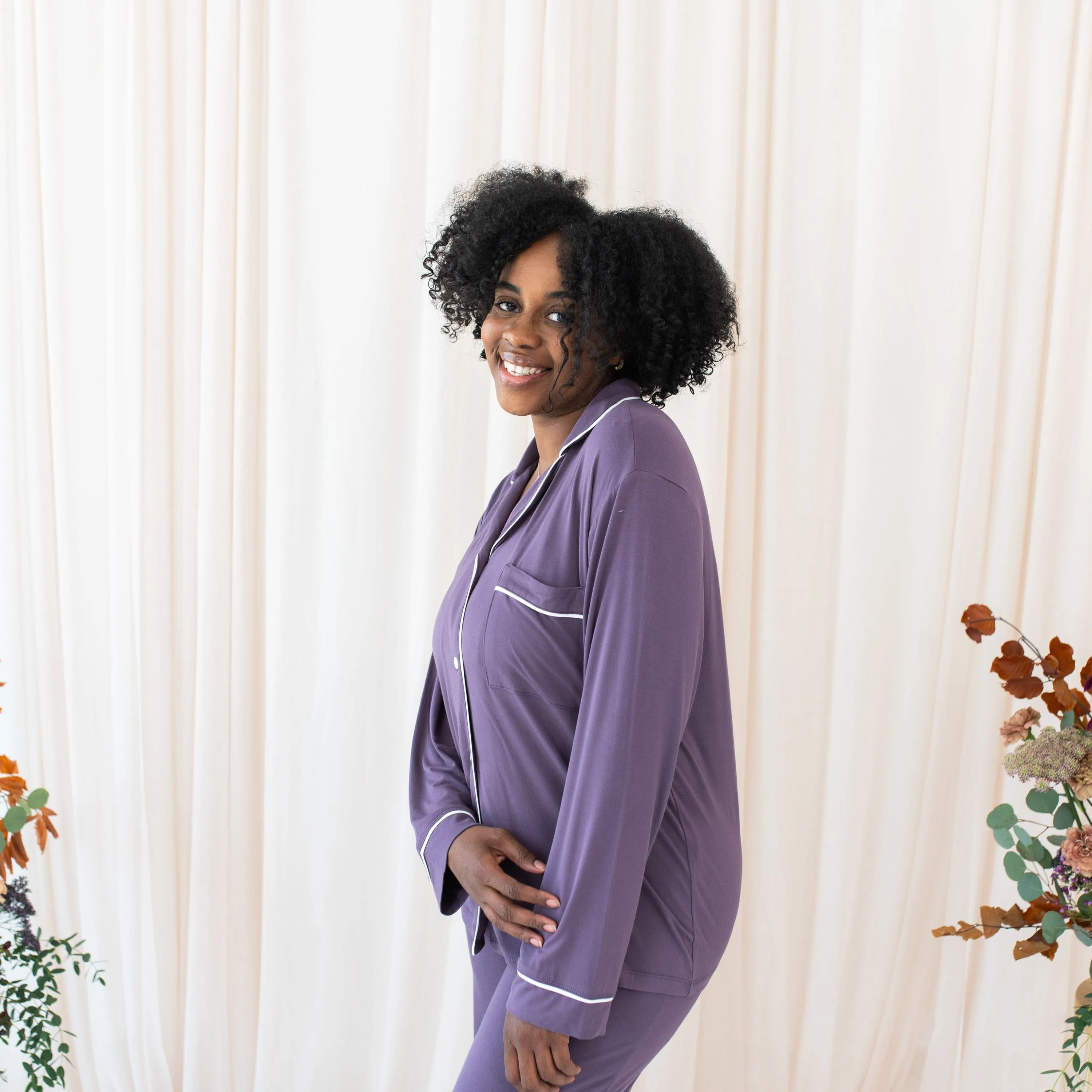 Women's Long Sleeve Pajama Set in Currant with Cloud Trim