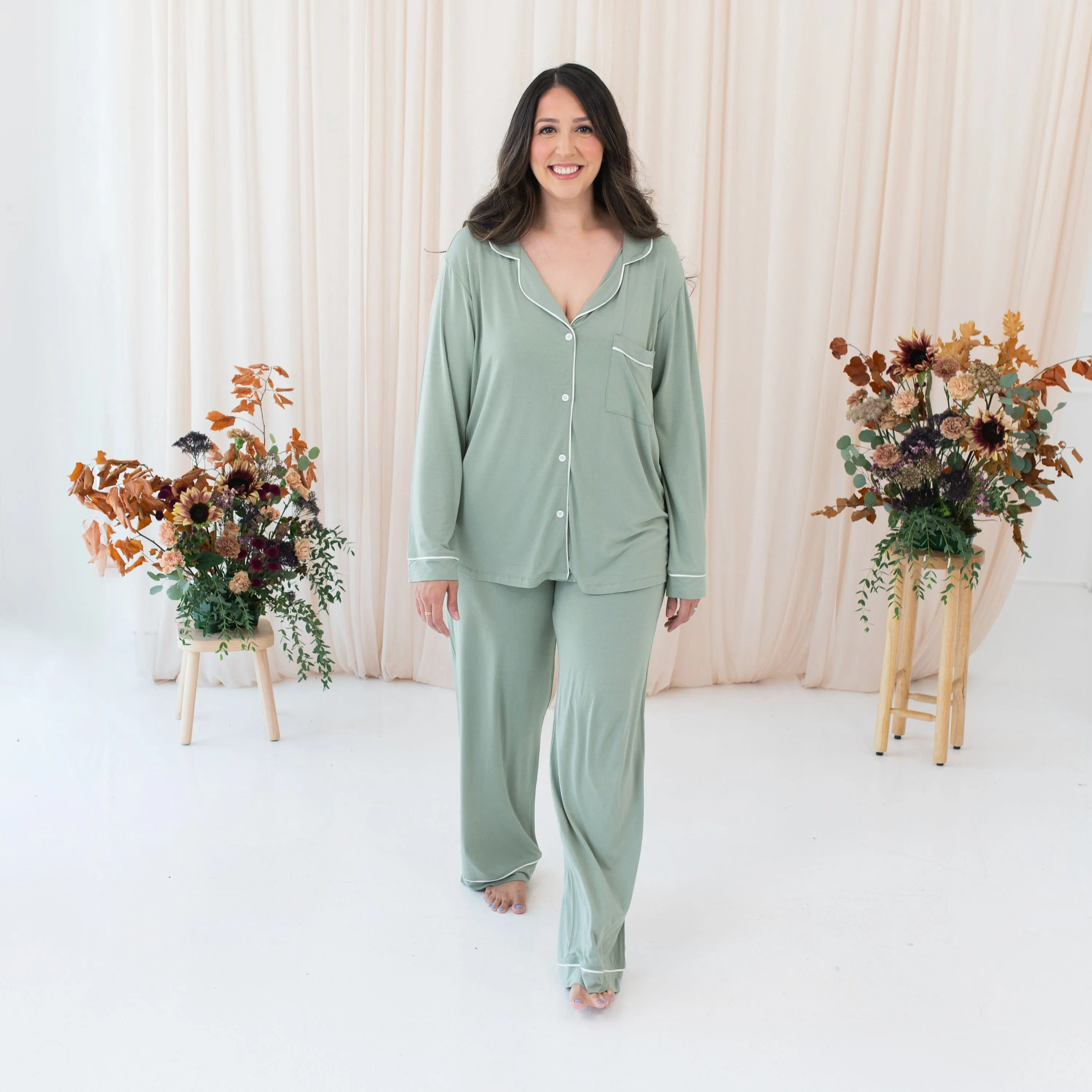 Women's Long Sleeve Pajama Set in Thyme with Cloud Trim