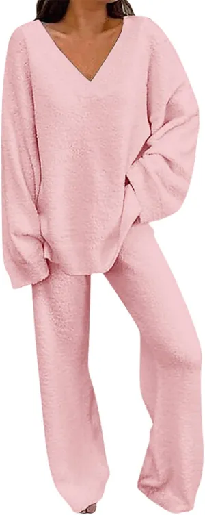 Women's Long Sleeve Pj Set 2 Outfits for Women Knit Sweater Long Sleeve Crewneck Tops and Wide Leg Flannel Pajama