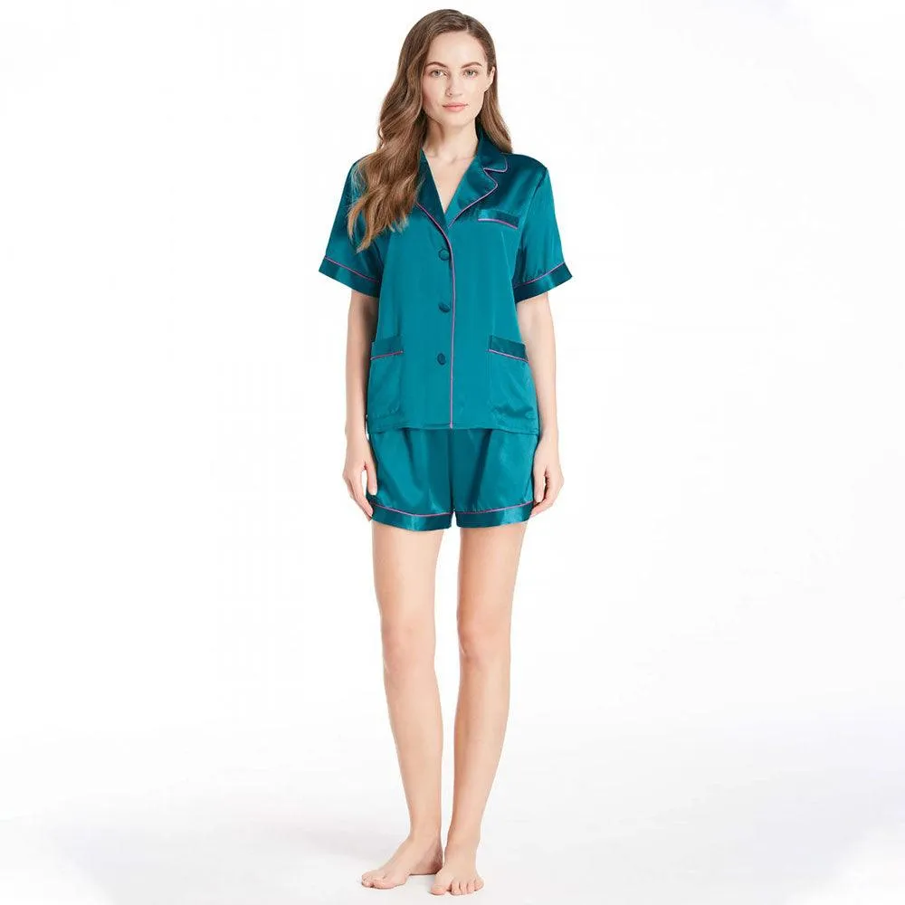 Women's Luxury Silk Sleepwear 100% Silk Short Sleeve Top Boxer Short Pajamas Set