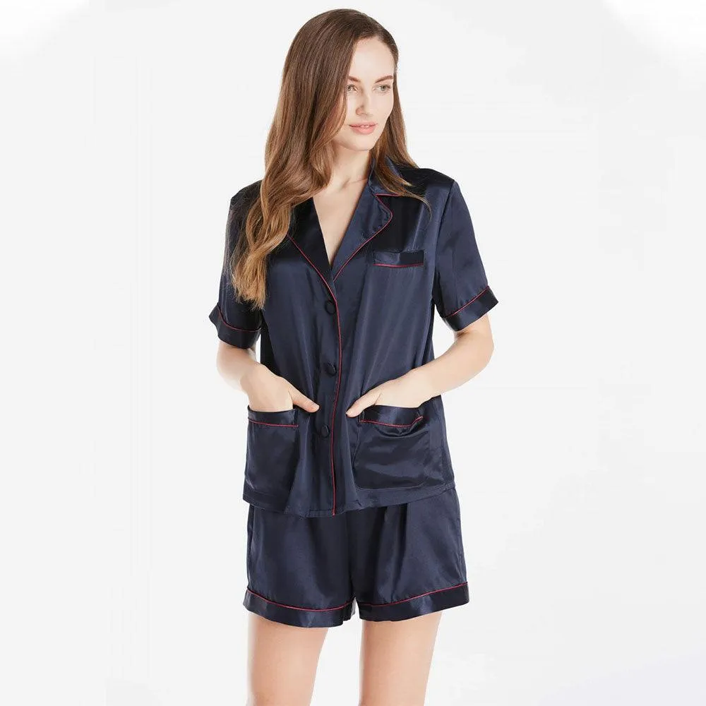 Women's Luxury Silk Sleepwear 100% Silk Short Sleeve Top Boxer Short Pajamas Set