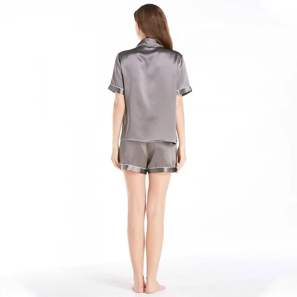 Women's Luxury Silk Sleepwear 100% Silk Short Sleeve Top Boxer Short Pajamas Set