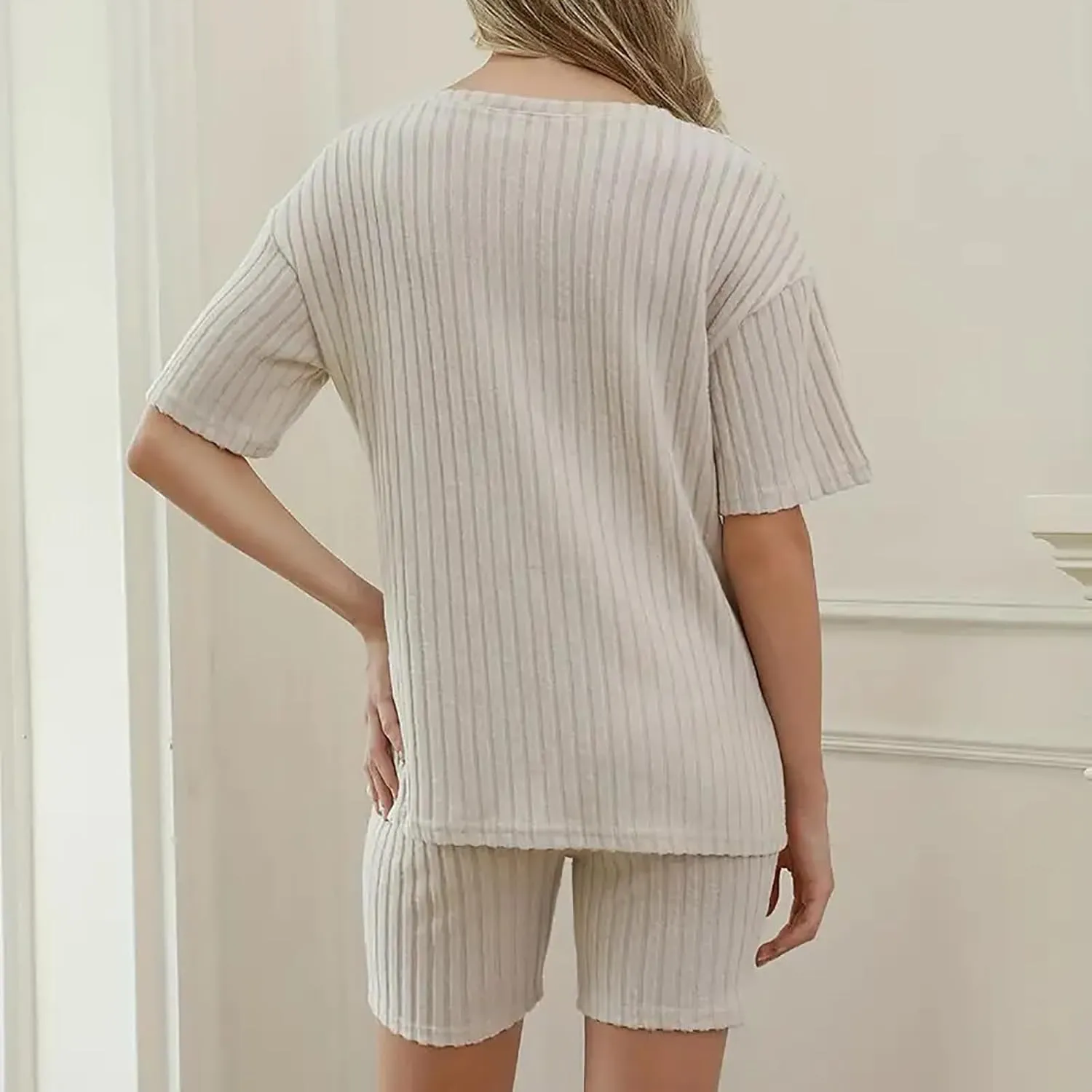 Women's Maternity Pajamas Set 2 Piece Outfits Ribbed Knit Short Sleeve T Shirt and Biker Shorts Lounge Set Sleepwear