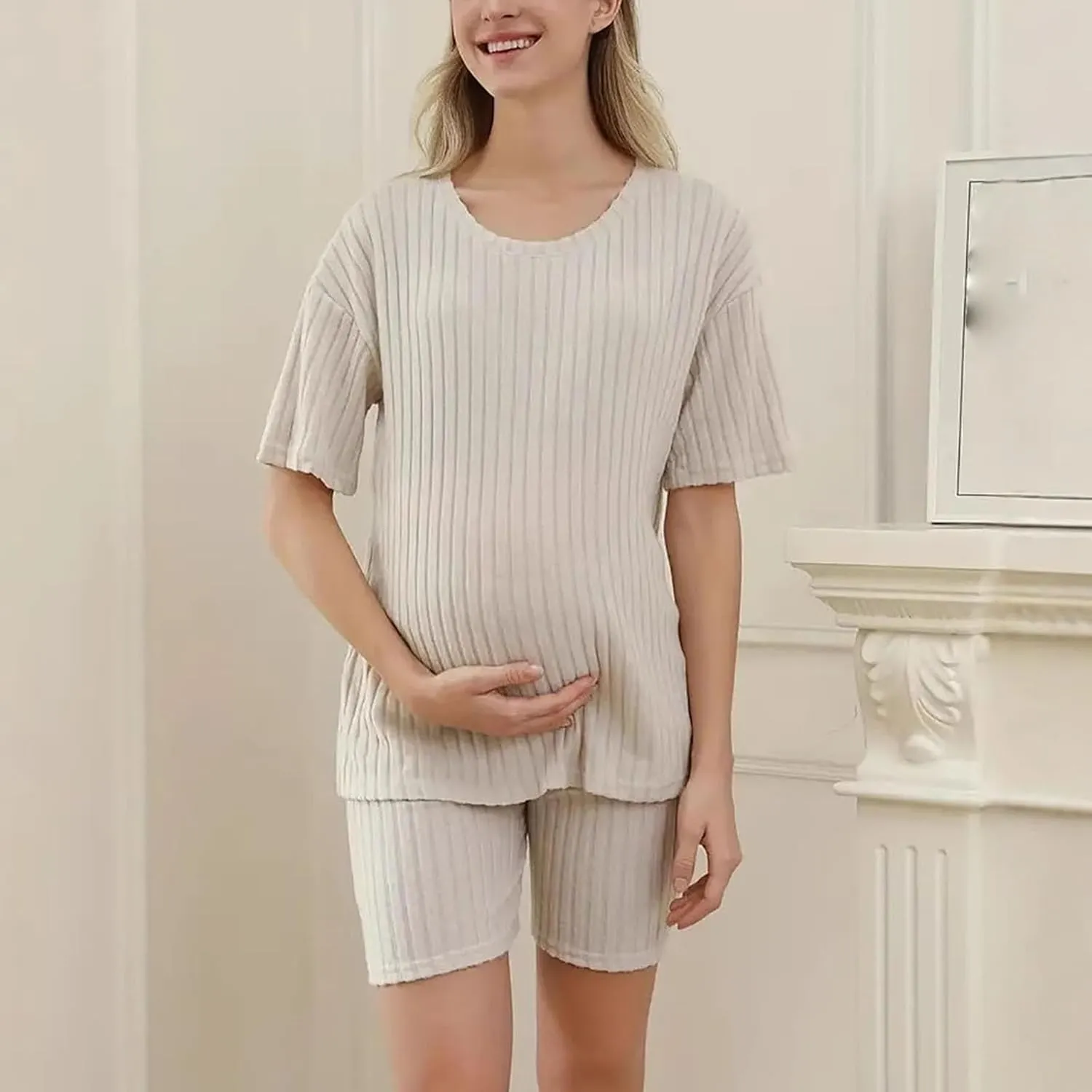 Women's Maternity Pajamas Set 2 Piece Outfits Ribbed Knit Short Sleeve T Shirt and Biker Shorts Lounge Set Sleepwear